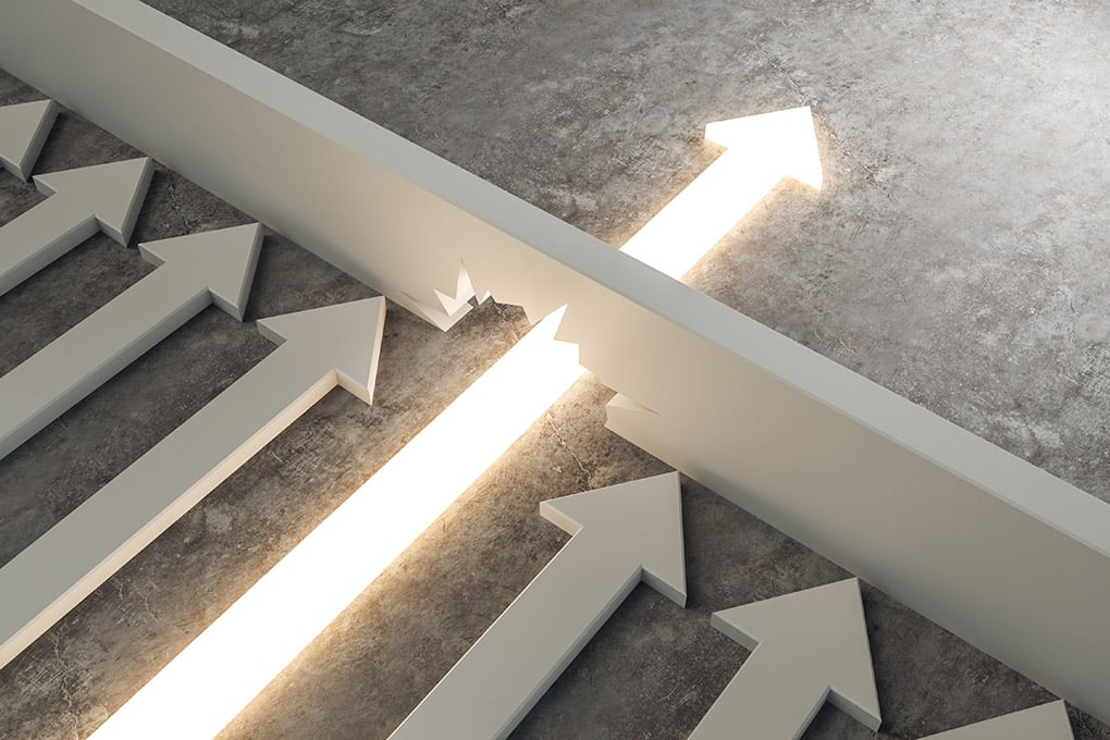 Arrow going thru wall representing bank CIOs that break through the tactical barrier