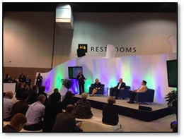 The Fintech CEO Panel featured comfy seating, ambient lighting, and surprisingly convenient rest room access. 